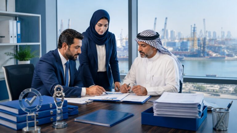 Business professionals reviewing ISO certification and tender documents in an office overlooking an industrial port in Basra.