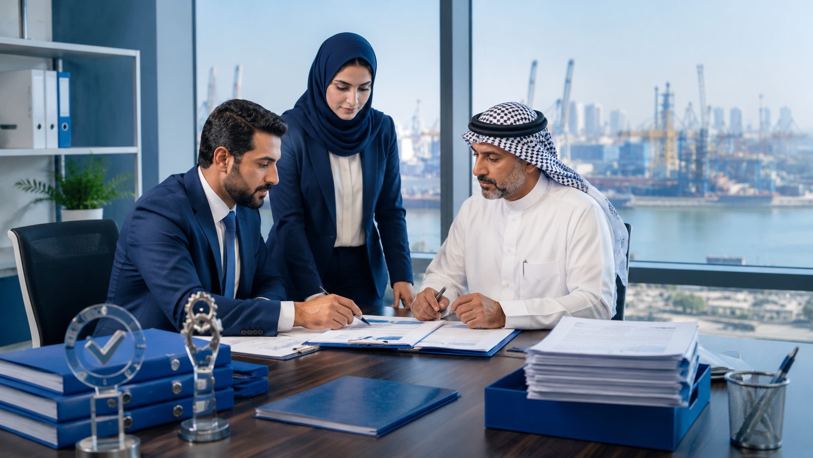 Business professionals reviewing ISO certification and tender documents in an office overlooking an industrial port in Basra.