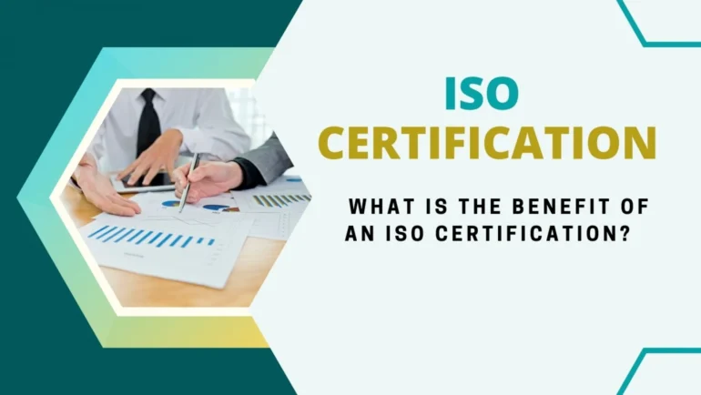 ISO certification benefits graphic showing business professionals reviewing documents and performance reports.