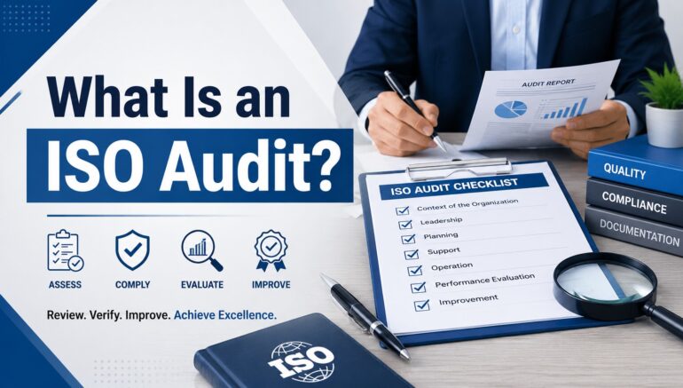 ISO audit checklist with audit report, compliance documents, and quality management review for explaining what an ISO audit is