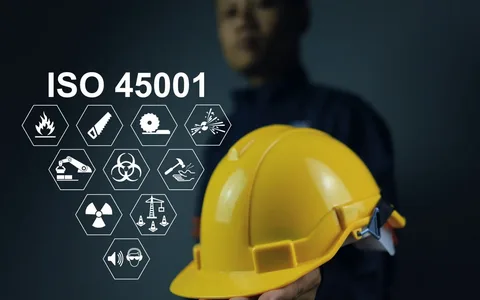 Worker holding yellow safety helmet with ISO 45001 hazard icons
