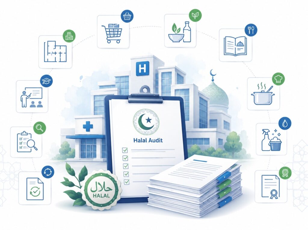Halal audit documents for hospitals showing checklist, certification records, food service controls, and halal compliance review.