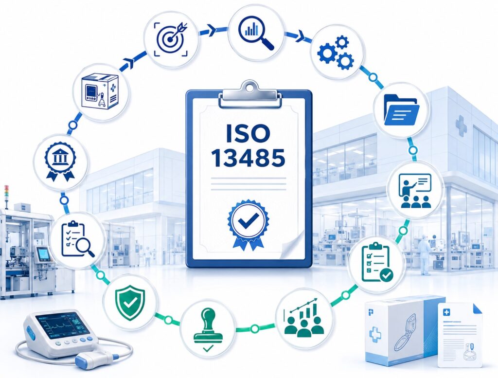 ISO 13485 certification process infographic showing step-by-step medical device quality management, internal audits, QMS implementation, and certification preparation.