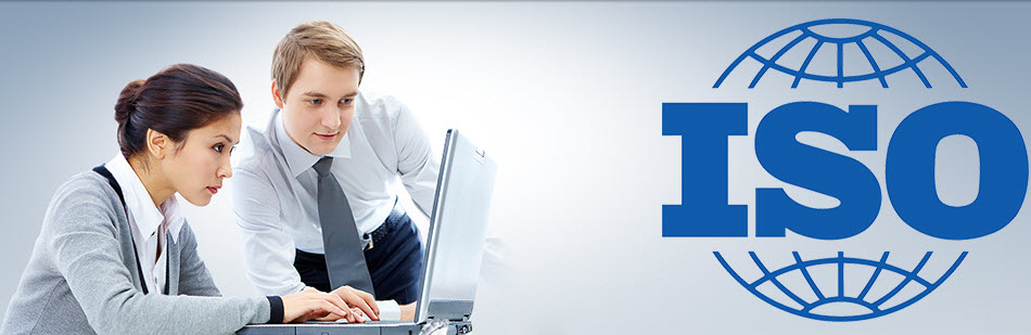 Business professionals reviewing ISO certification documents with ISO logo for management system standards and certification services.