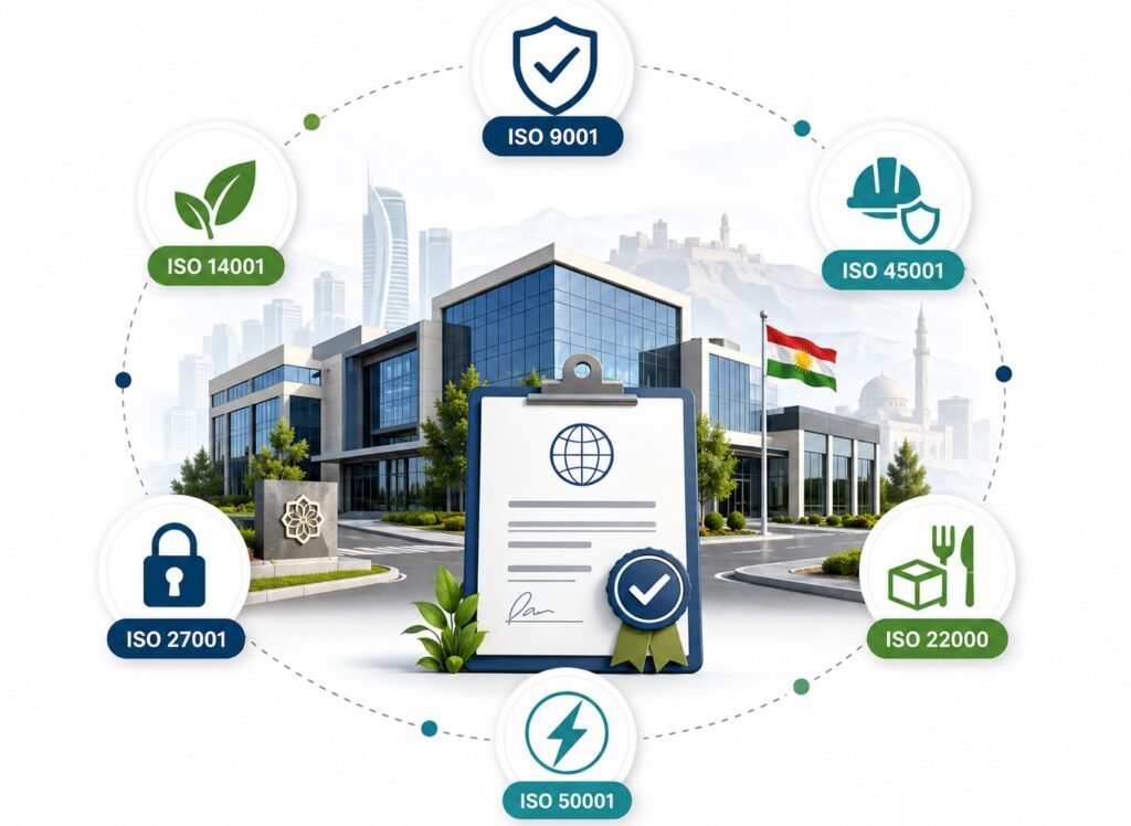 Common ISO standards for Erbil businesses including ISO 9001, ISO 14001, ISO 45001, ISO 27001, ISO 22000, and ISO 50001.