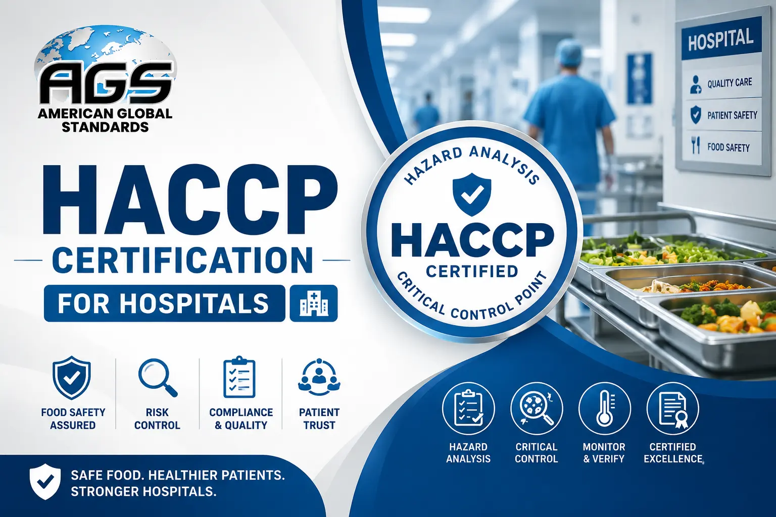 HACCP certification infographic for hospitals showing hazard analysis, critical control points, food safety assurance, risk control, and patient trust.