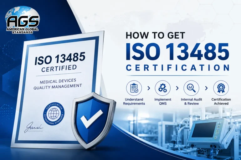 ISO 13485 certification banner showing medical device quality management certificate, QMS implementation steps, internal audit, and certification achievement.