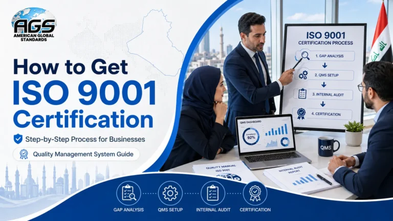 How to get ISO 9001 certification step-by-step, showing a business audit meeting, quality management checklist, and ISO 9001 certification process guidance with AGS branding.