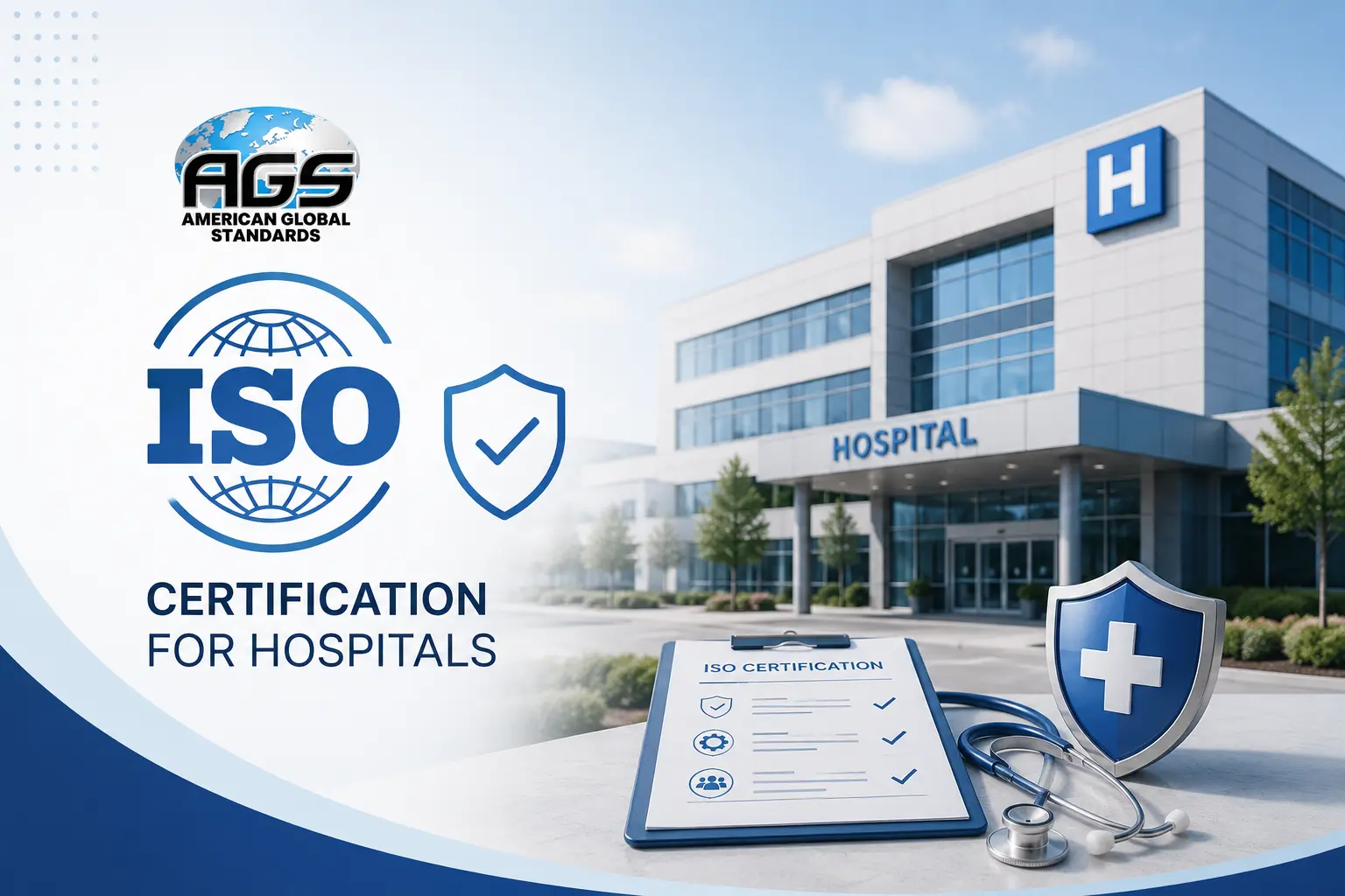 ISO certification for hospitals graphic showing AGS branding, hospital building, checklist, and healthcare compliance shield