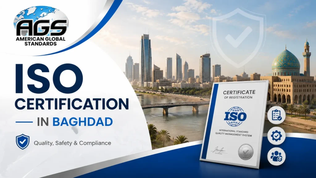 ISO certification in Baghdad banner showing AGS branding, city skyline, mosque, and ISO certificate for quality, safety, and compliance services.