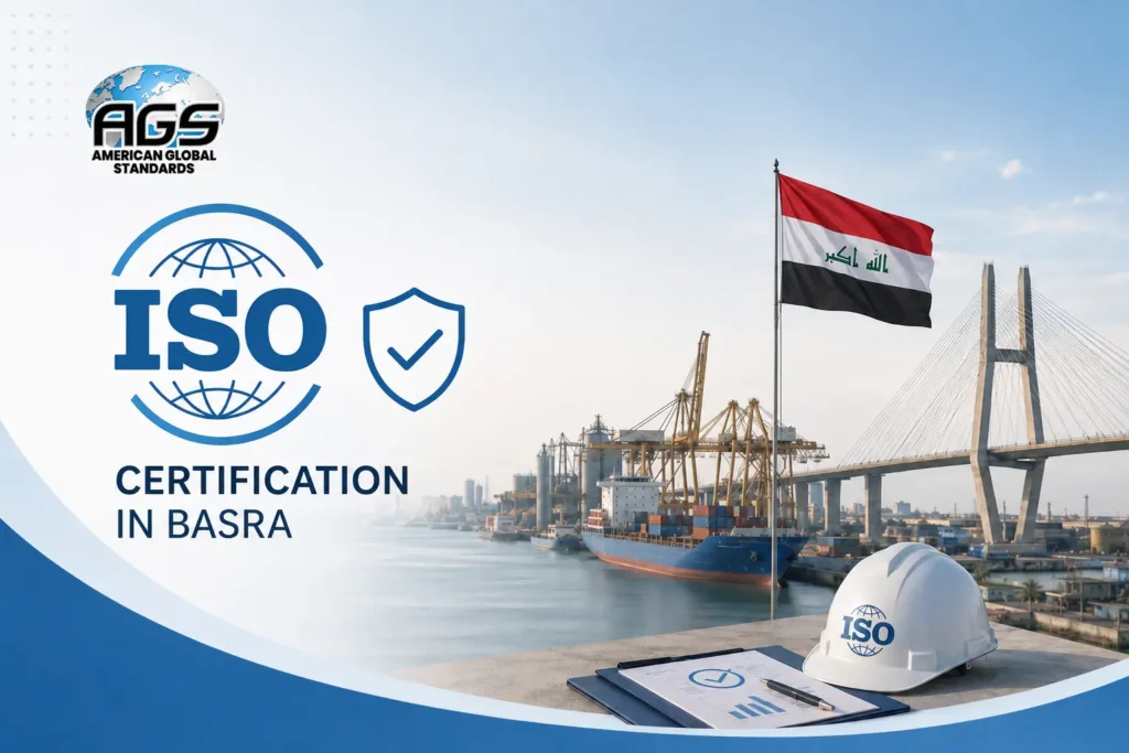 ISO certification in Basra graphic showing AGS branding, Iraq flag, port infrastructure, checklist, and ISO safety helmet