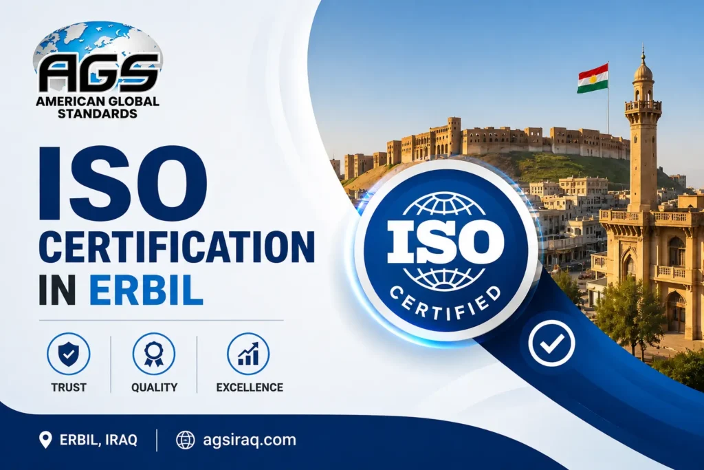 ISO certification in Erbil banner showing AGS branding, ISO certified badge, Erbil city landmark, and quality assurance theme.