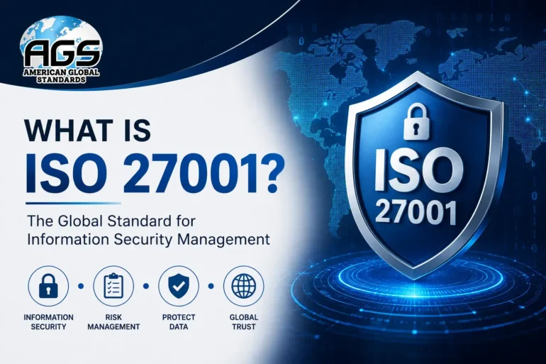 ISO 27001 information security management infographic showing data protection, risk management, information security, and global trust.
