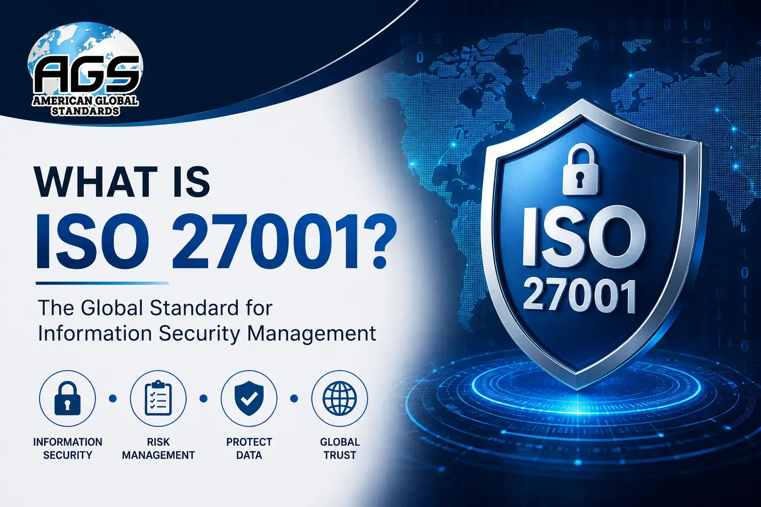 ISO 27001 information security management infographic showing data protection, risk management, information security, and global trust.