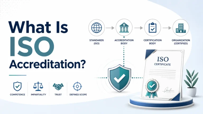 Diagram explaining what ISO accreditation means, showing the relationship between ISO standards, accreditation bodies, certification bodies, and certified organizations.