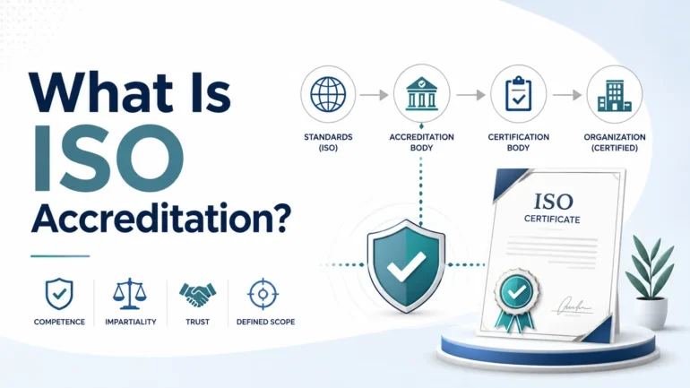 Diagram explaining what ISO accreditation means, showing the relationship between ISO standards, accreditation bodies, certification bodies, and certified organizations.