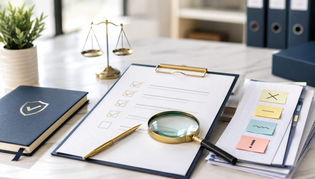 Audit checklist with magnifying glass, marked notes, and compliance documents representing common ISO audit findings and nonconformity review.