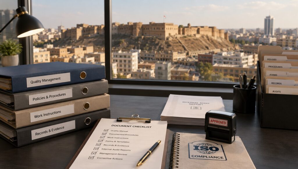 Office desk scene in Erbil showing ISO certification documents, policies, procedures, records, and audit paperwork with Erbil Citadel visible in the background.