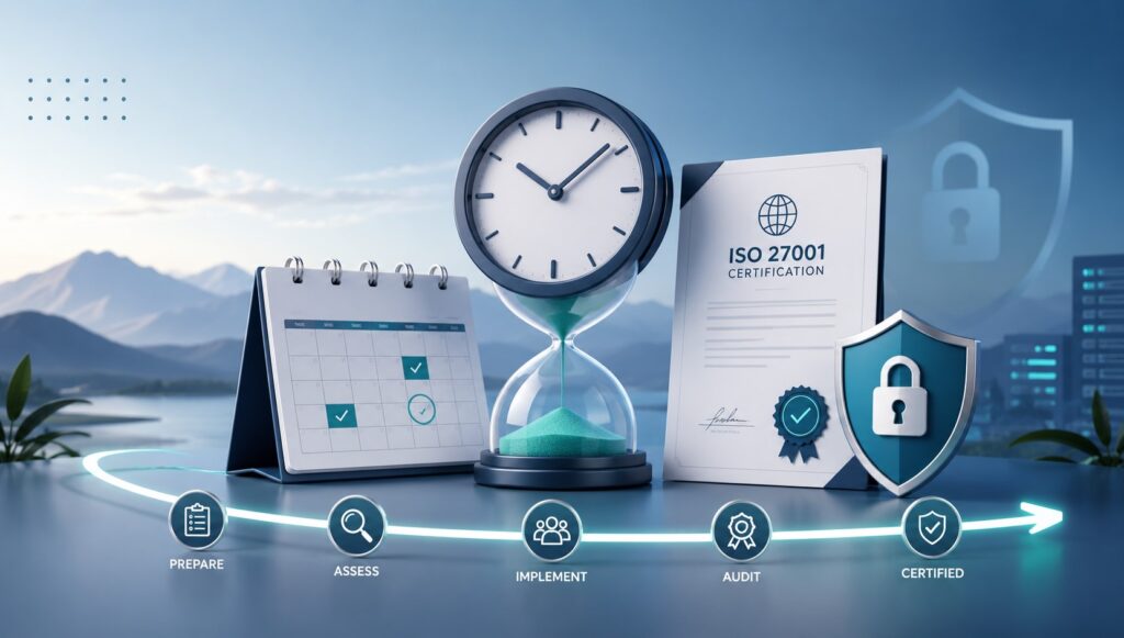 ISO 27001 certification timeline illustration showing preparation, assessment, implementation, audit, and certification stages with a calendar, hourglass, cybersecurity shield, and ISO 27001 certificate.
