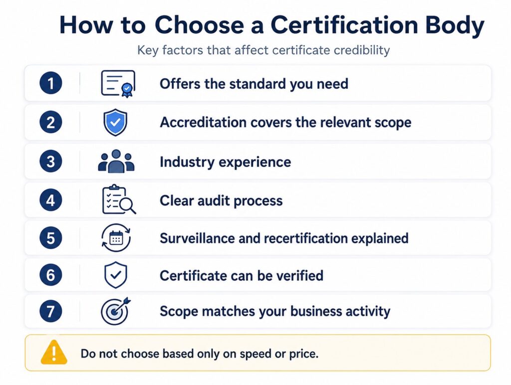 How to choose an ISO certification body based on accreditation scope, audit process, industry experience, and certificate verification.