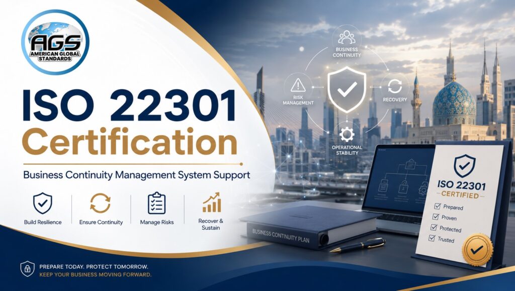 Featured image for ISO 22301 Certification showing business continuity management support with risk management, recovery planning, operational stability, and an ISO 22301 certification document.