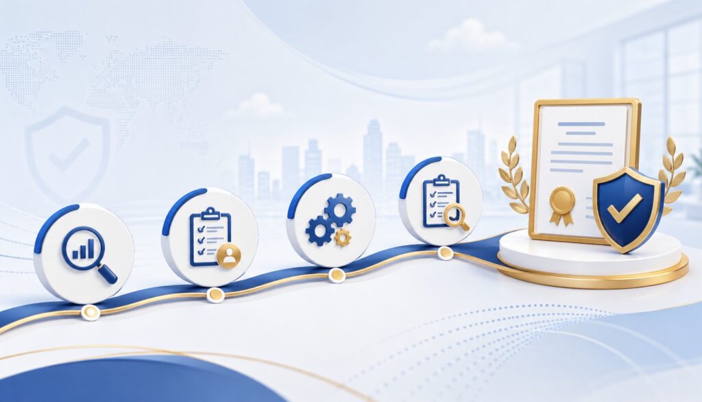 Illustration showing the ISO 22301 certification process with key stages from assessment and implementation to audit review and final certification approval.
