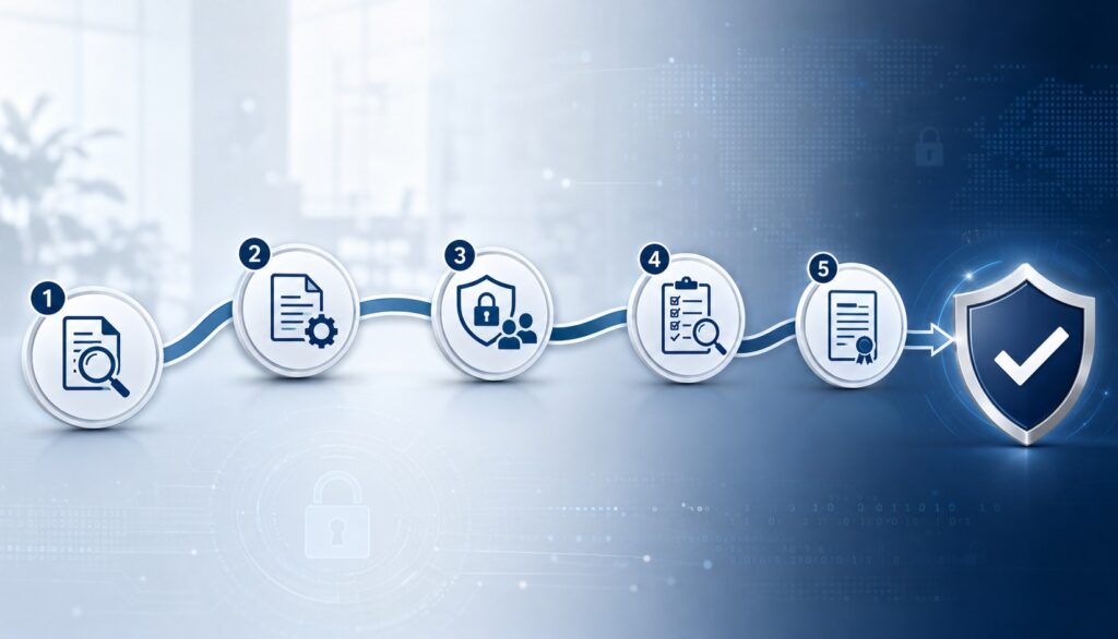 Illustration showing the ISO/IEC 27001 certification process with AGS, from assessment and documentation through implementation, audit review, and final certification approval.