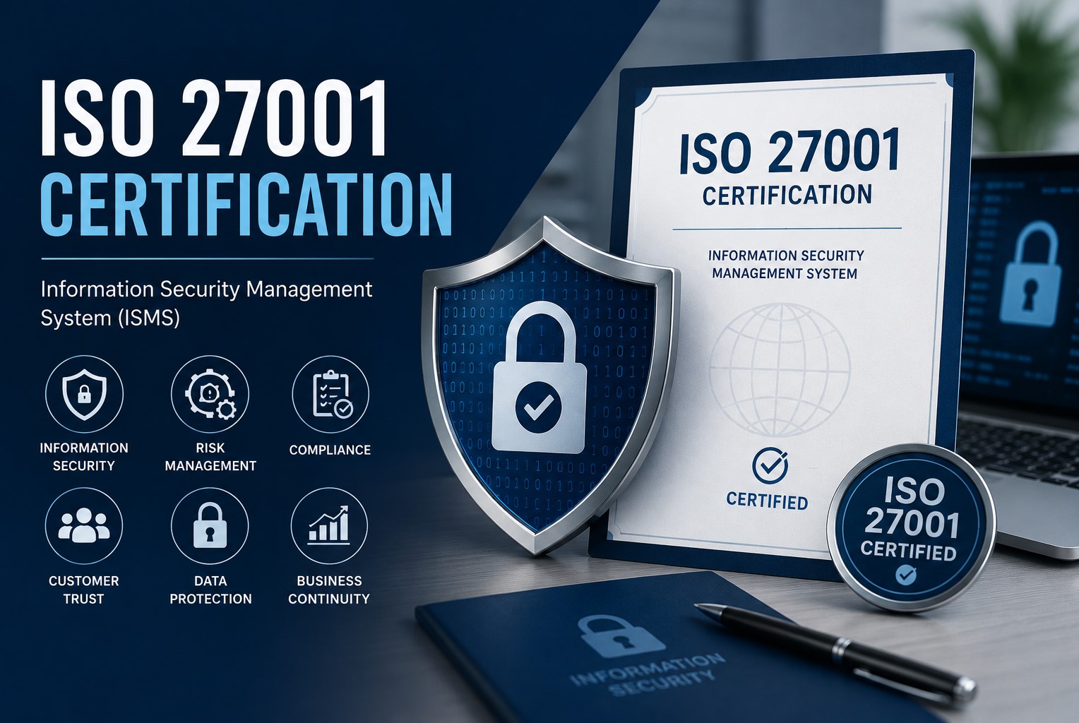 Featured image for ISO/IEC 27001 Certification showing information security management system support with a cybersecurity shield, data protection icons, risk management, compliance, customer trust, and ISO 27001 certificate.
