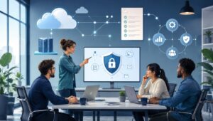 Startup team reviewing information security controls, cloud systems, and data protection workflows for ISO 27001 readiness.