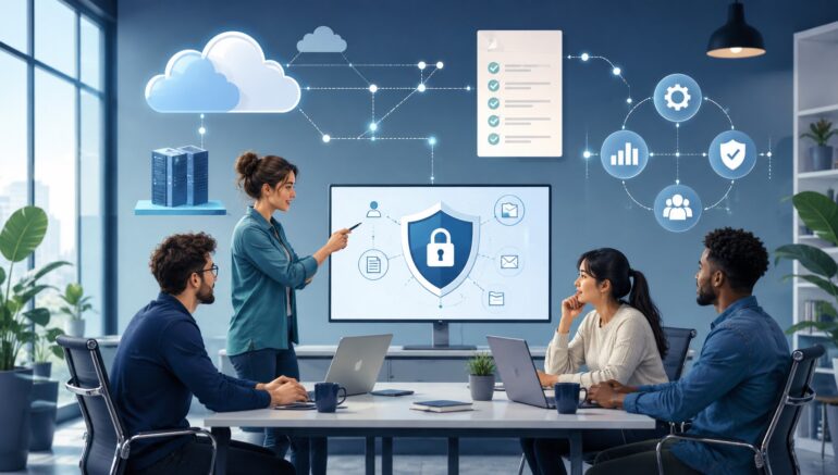 Startup team reviewing information security controls, cloud systems, and data protection workflows for ISO 27001 readiness.