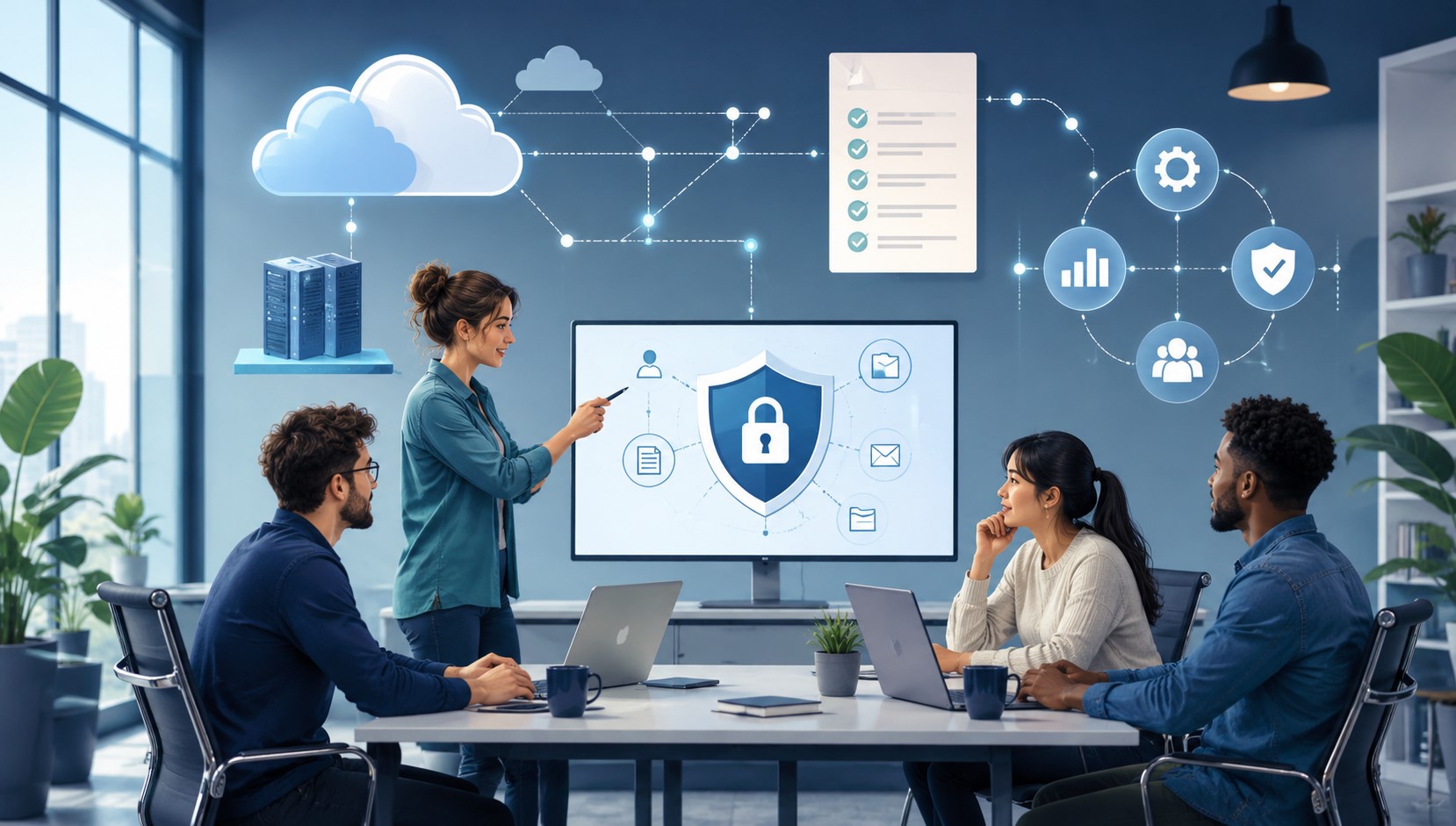 Startup team reviewing information security controls, cloud systems, and data protection workflows for ISO 27001 readiness.