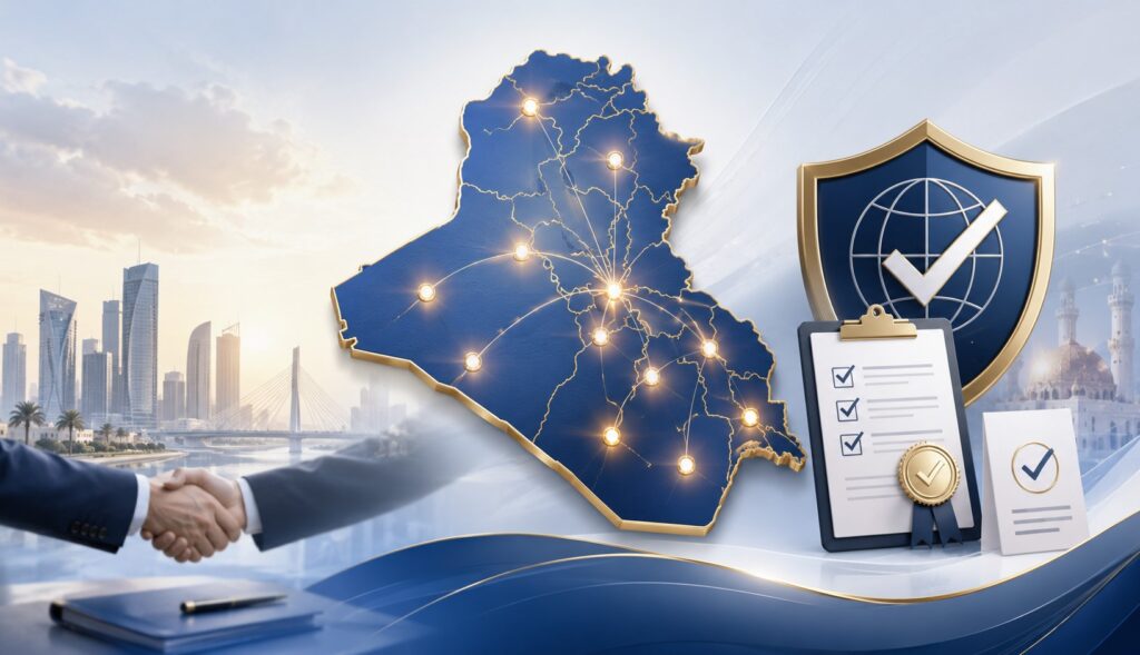 Illustration showing ISO certification support across Iraq with a connected Iraq map, compliance checklist, quality shield, and business partnership visuals.