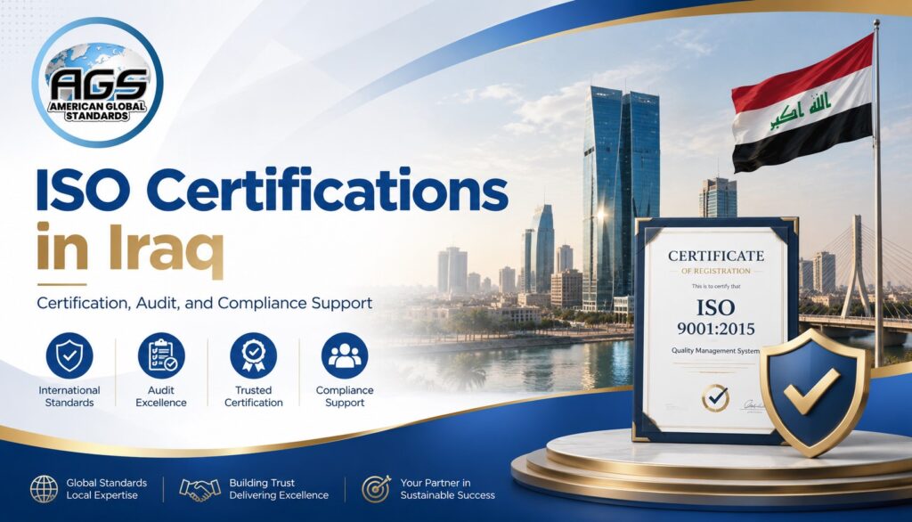 Featured image for ISO Certifications in Iraq showing the AGS logo, Iraq skyline, national flag, ISO certificate, and compliance shield for certification, audit, and standards support.