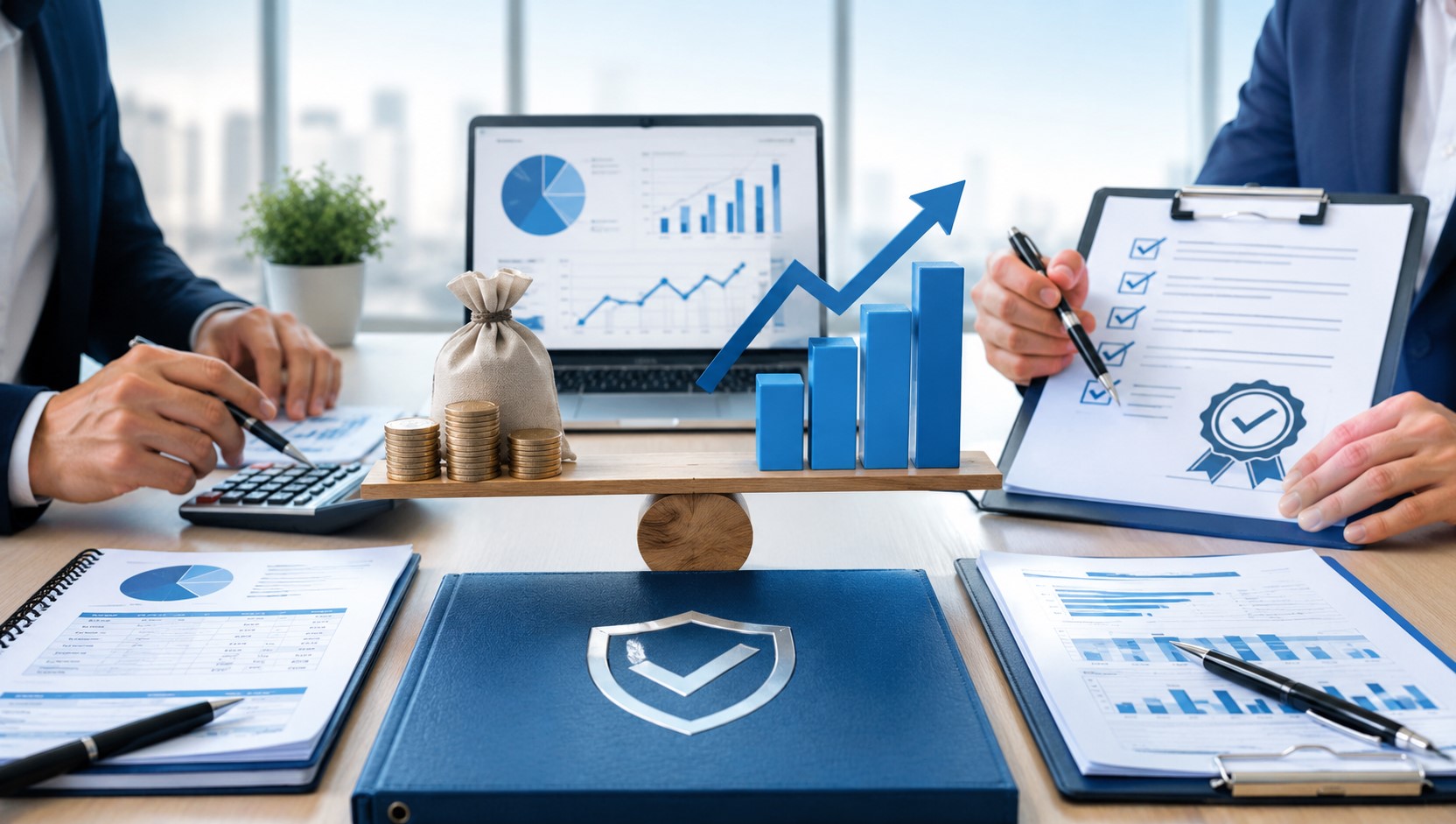 Business professionals reviewing ISO certification costs and benefits with compliance checklist, financial charts, growth arrow, and ROI balance concept.