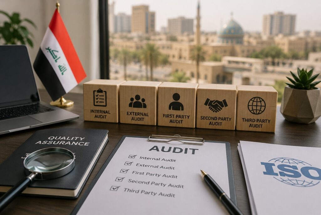 Professional ISO audit workspace showing audit documents, quality assurance materials, Iraqi flag, and audit type blocks for internal, external, first-party, second-party, and third-party audits in Iraq.