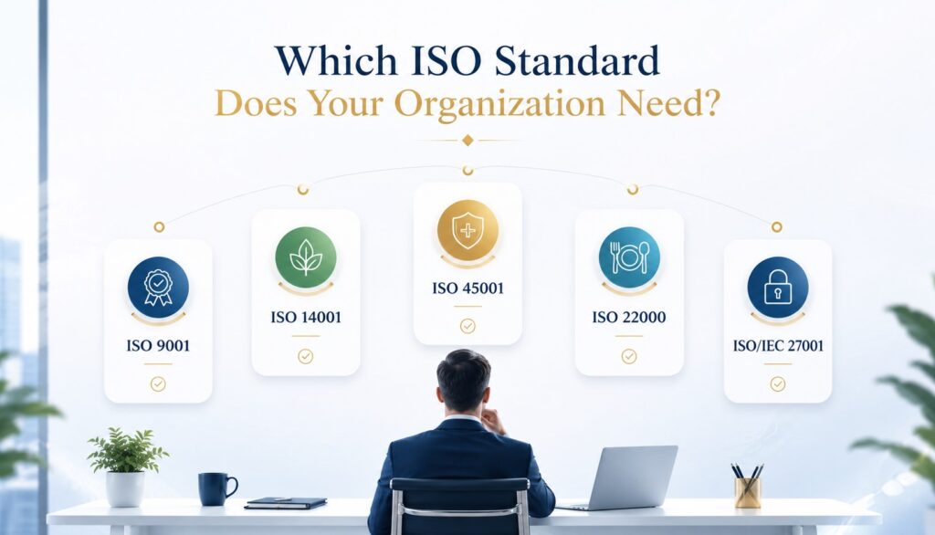Business professional reviewing ISO standard options, including ISO 9001, ISO 14001, ISO 45001, ISO 22000, and ISO/IEC 27001, to choose the right certification path for an organization.