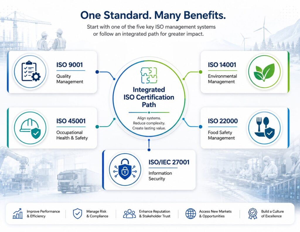 Infographic showing five ISO management system standards for Sulaymaniyah organizations, including ISO 9001, ISO 14001, ISO 45001, ISO 22000, and ISO/IEC 27001.